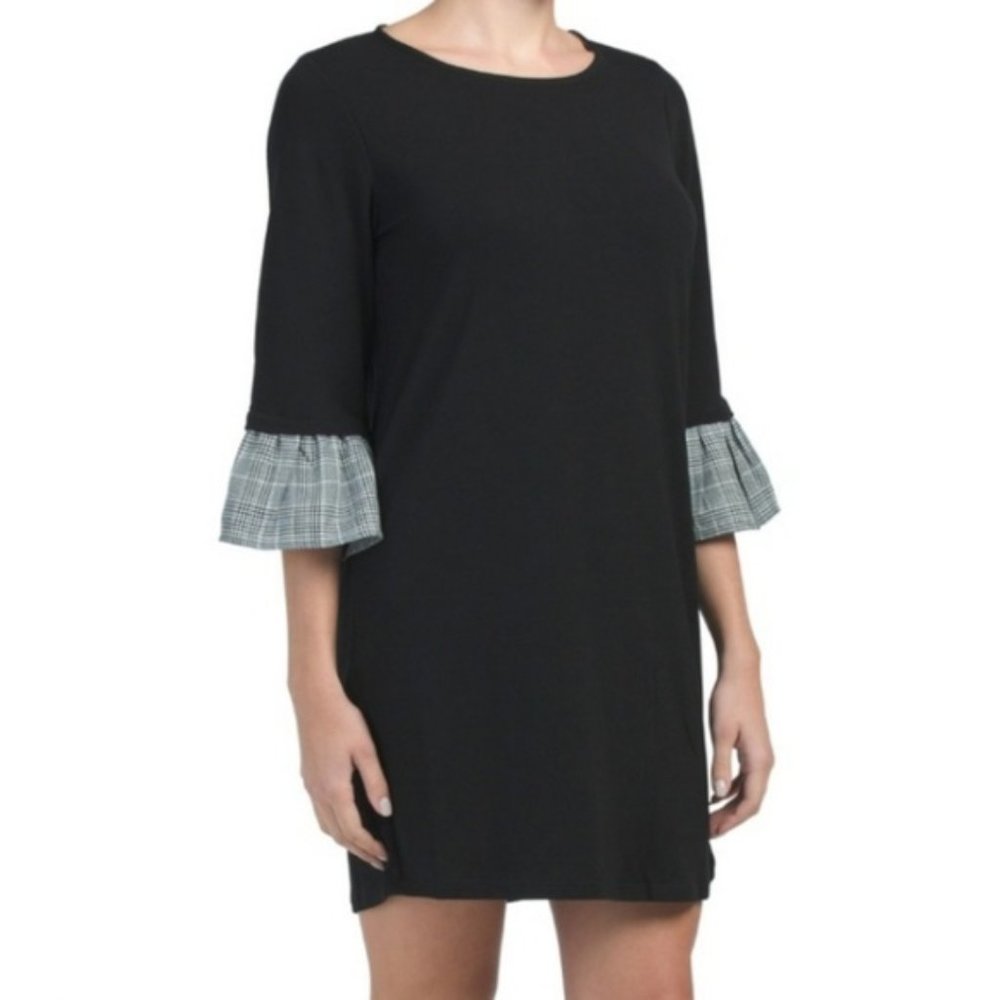 Pleione Black Plaid Ruffle Sleeve Knit Shirt Dress - Picture 1 of 8